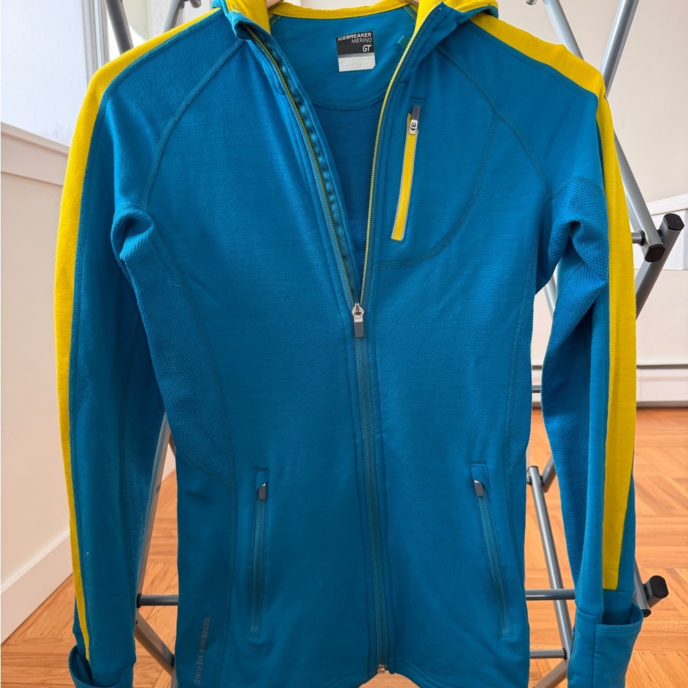 Icebreaker Wool Teal Blue Hooded Jacket with Yellow Stripes - Picture 2 of 4